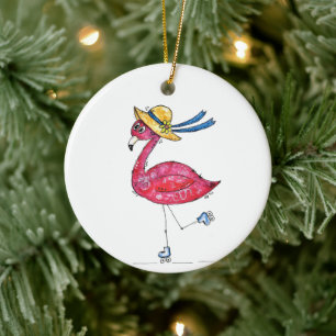 Cute and Whimsical Pink Flamingo on Skates Ceramic Ornament