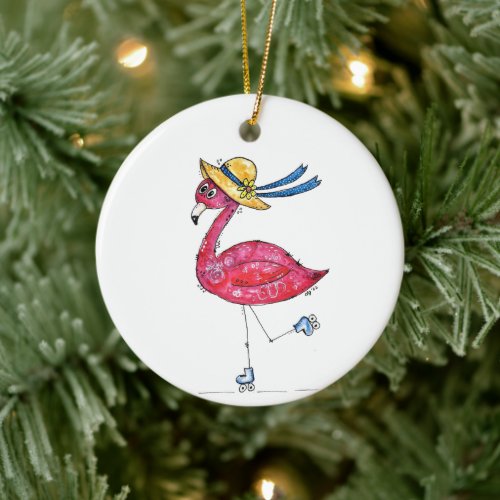 Cute and Whimsical Pink Flamingo on Skates Ceramic Ornament