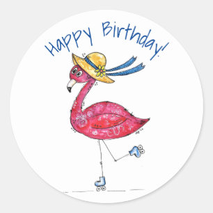 Cute and Whimsical Pink Flamingo on Skates Classic Round Sticker