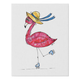 Cute and Whimsical Pink Flamingo on Skates Faux Canvas Print