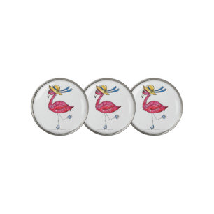 Cute and Whimsical Pink Flamingo on Skates Golf Ball Marker