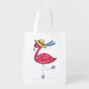 Cute and Whimsical Pink Flamingo on Skates Grocery Bag