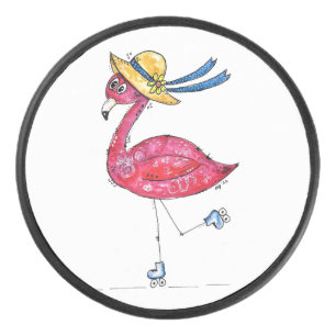 Cute and Whimsical Pink Flamingo on Skates Hockey Puck