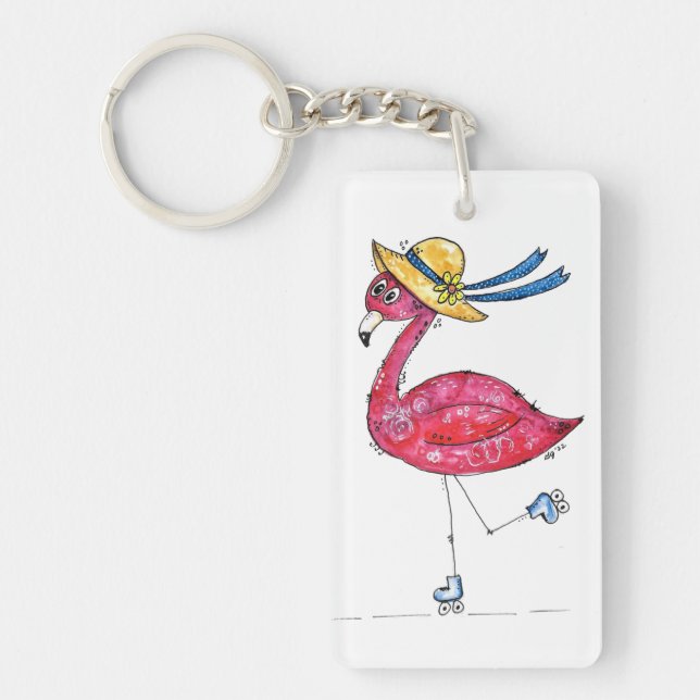 Cute and Whimsical Pink Flamingo on Skates Keychain (Front)