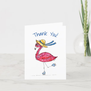 Cute and Whimsical Pink Flamingo on Skates Letterpress Thank You Card