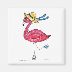 Cute and Whimsical Pink Flamingo on Skates Magnet