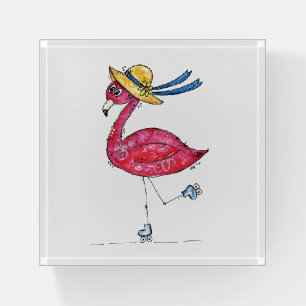 Cute and Whimsical Pink Flamingo on Skates Paperweight