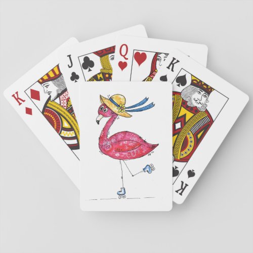 Cute and Whimsical Pink Flamingo on Skates Playing Cards