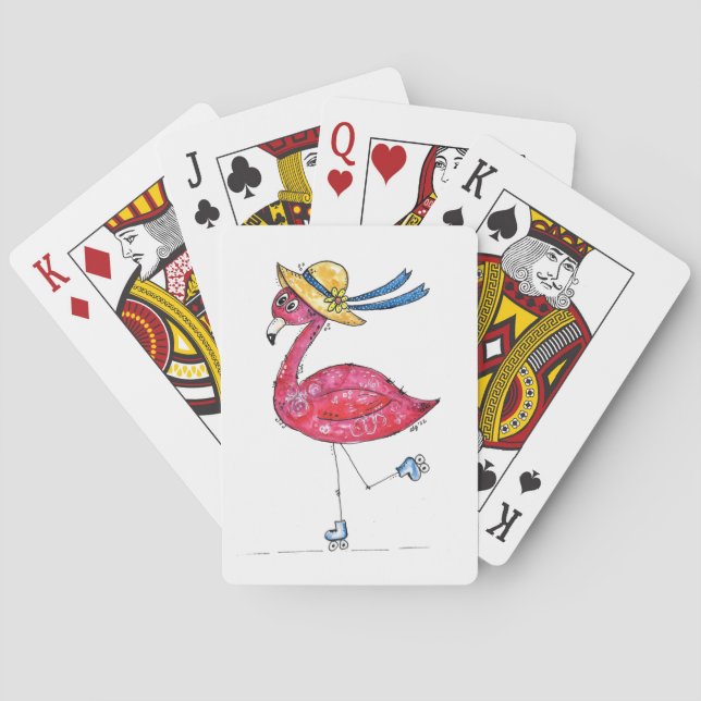 Cute and Whimsical Pink Flamingo on Skates Poker Cards (Back)