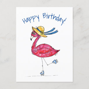 Cute and Whimsical Pink Flamingo on Skates Postcard