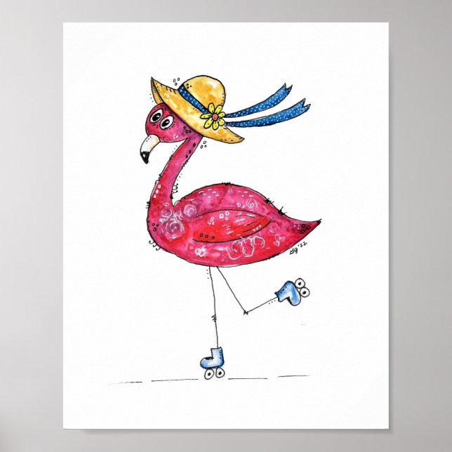Cute and Whimsical Pink Flamingo on Skates Poster (Front)