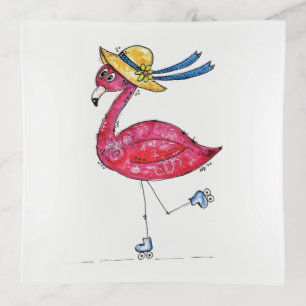 Cute and Whimsical Pink Flamingo on Skates Trinket Tray