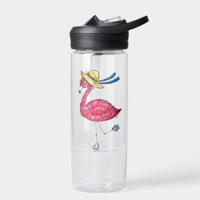 Cute and Whimsical Pink Flamingo on Skates Water Bottle (Left)