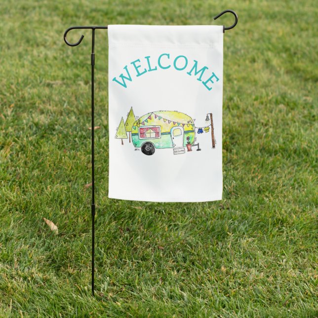 Cute and Whimsical Retro Happy Camper Garden Flag (In SItu)