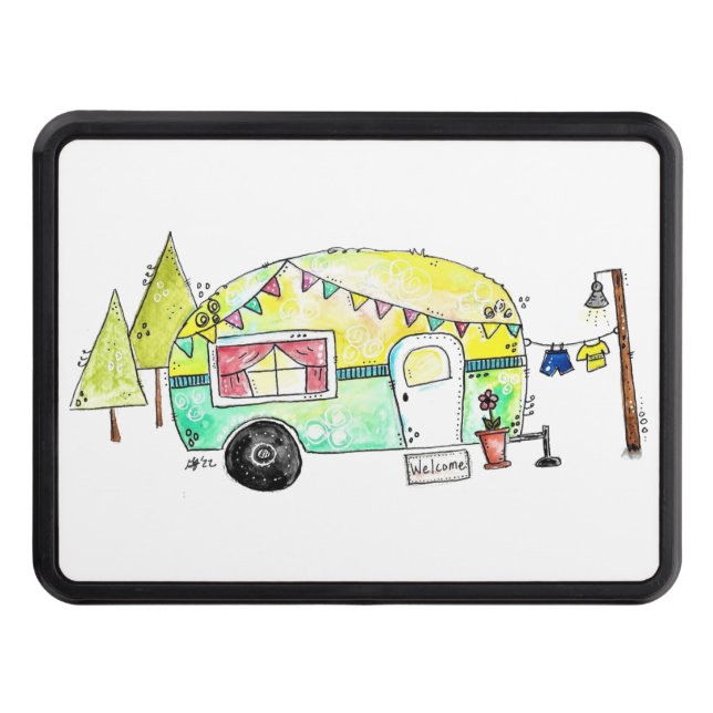 Cute and Whimsical Retro Happy Camper Hitch Cover (Front)