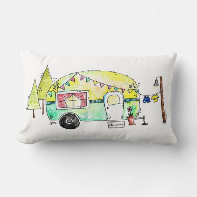 Cute and Whimsical Retro Happy Camper Lumbar Pillow (Front)