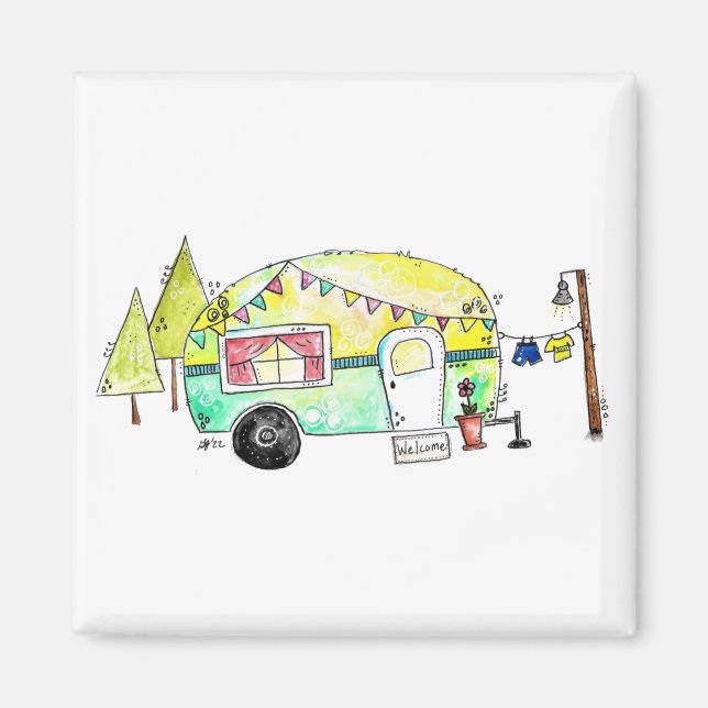 Cute and Whimsical Retro Happy Camper Magnet (Front)