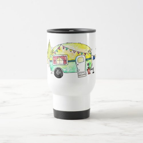 Cute and Whimsical Retro Happy Camper Travel Mug