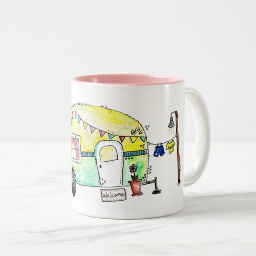 Cute and Whimsical Retro Happy Camper Two_Tone Coffee Mug