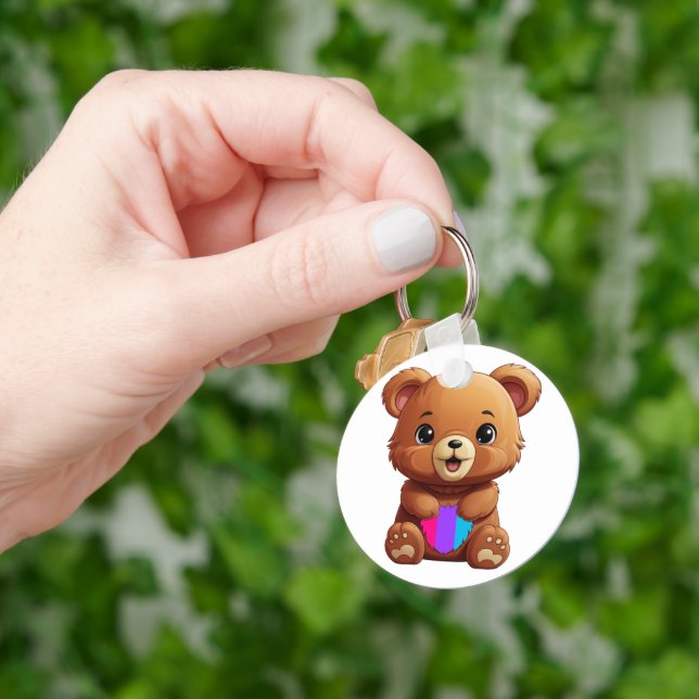 Cute Androgynous Pride Flag Bear Holding Heart Keychain (Hand)