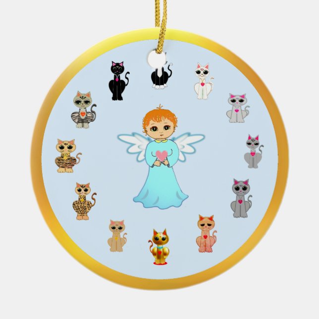 Cute Angel and Cat Cartoons Ceramic Ornament (Front)