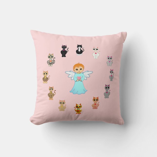 Cute angel and cat cartoons on pink throw pillow (Front)
