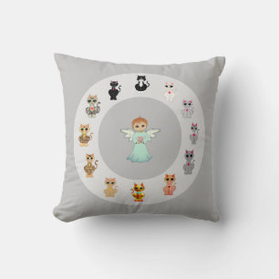Cute angel and cat cartoons on silver gray throw pillow