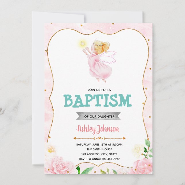 Cute angel baptism party invitation (Front)