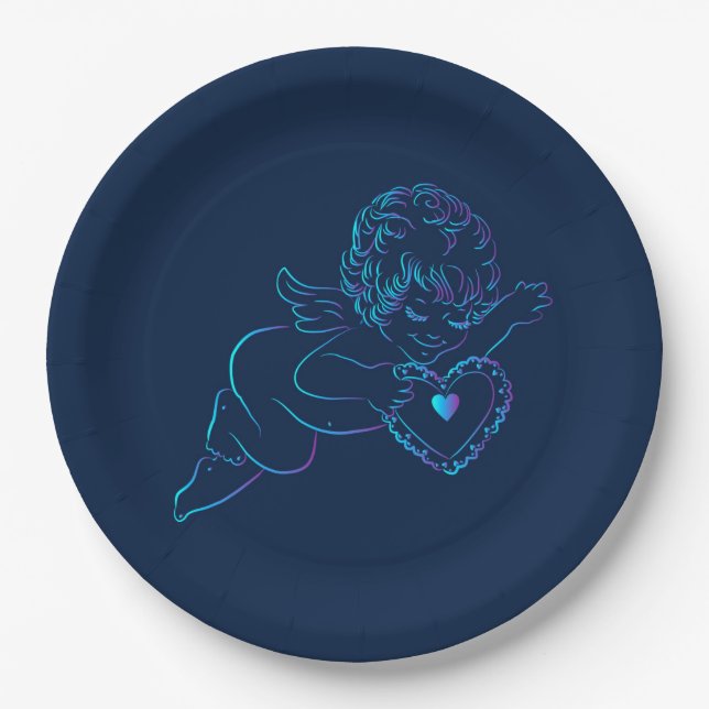 Cute Angel Cherub Holding a Lace Valentine Heart Paper Plates (Front)