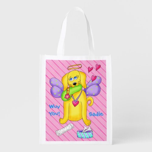 Cute Angel Dog Personalized Name Pink Reusable Grocery Bag