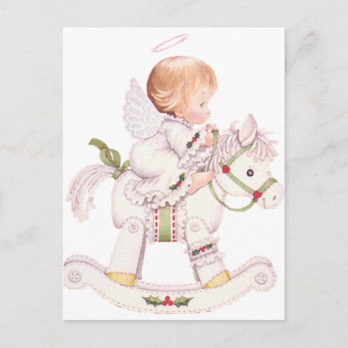 Cute Angel on a White Christmas Rocking Horse Holiday Postcard