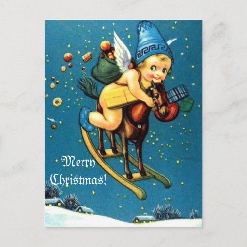 Cute Angel on Flying Rocking Horse Merry Christmas Holiday Postcard