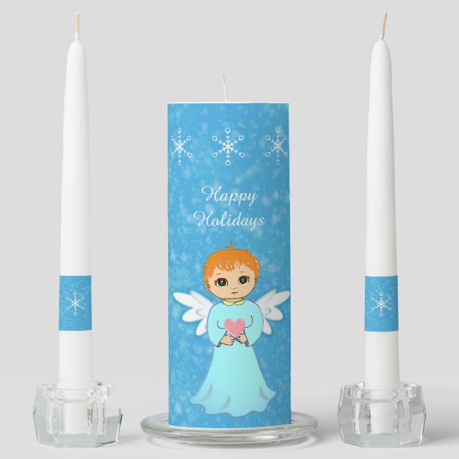 Cute Angel on Light Blue Unity Candle Set (Front)