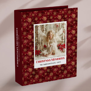 Cute Angel Scene Red Gold Editable Christmas Album 3 Ring Binder