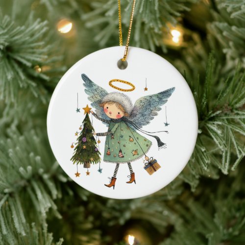 Cute Angel with a Christmas Tree Ceramic Ornament