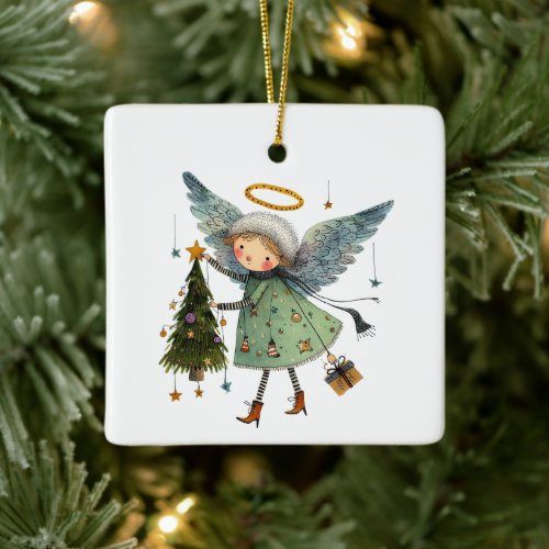 Cute Angel with a Christmas Tree Ceramic Ornament