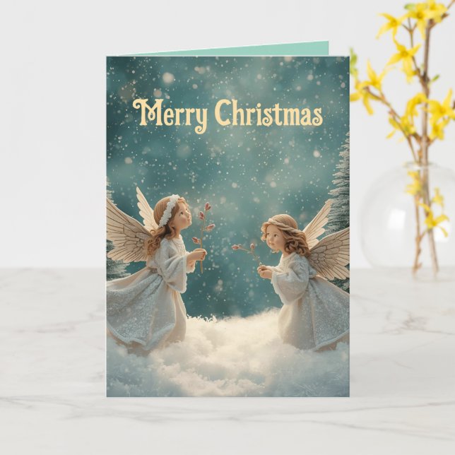 Cute angels Christmas holiday Folded Greeting Card (Yellow Flower)