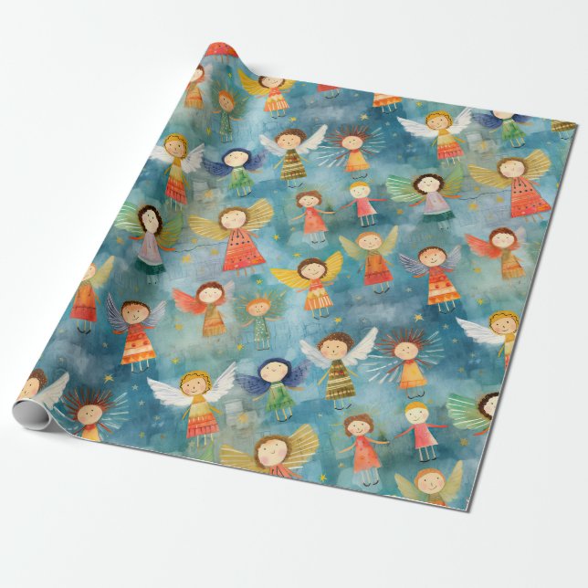 Cute Angels Christmas  Wrapping Paper (Unrolled)