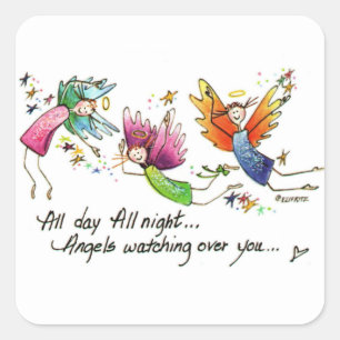 Cute Angels Flying Happily Watercolor Sketch Square Sticker