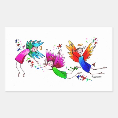 Cute Angels Red Green and Blue Happy Watercolor Rectangular Sticker