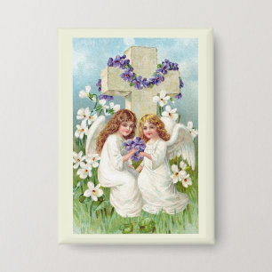 Cute Angels With Cross And Flowers Button
