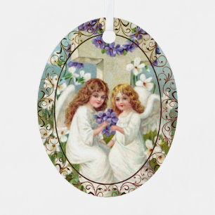 Cute Angels With Cross And Flowers Metal Ornament