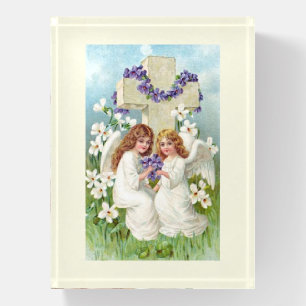 Cute Angels With Cross And Flowers Paperweight