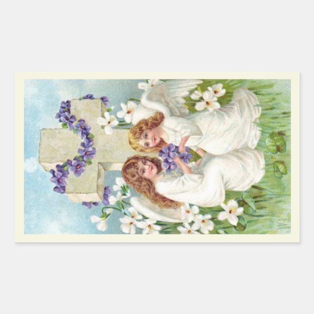 Cute Angels With Cross And Flowers  Rectangular Sticker (Front)