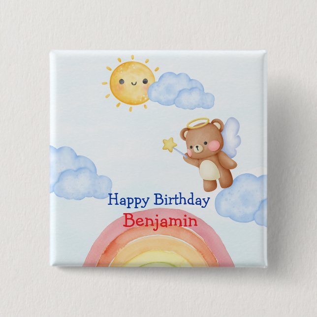 Cute Angle teddy bear wing Birthday Party Button (Front)