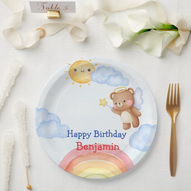 Cute Angle teddy bear wing Birthday Party Paper Plates (Wedding)