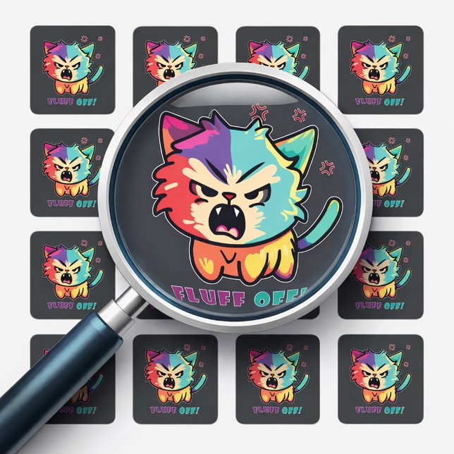 Cute angry cat hissing Fluff Off. Square Sticker (Cute angry cat hissing Fluff Off. Square Sticker)