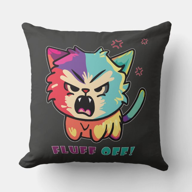 Cute angry cat hissing Fluff Off. Throw Pillow (Front)