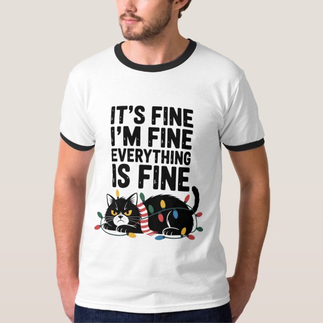 Cute Angry Cat Holiday Scarf Lights Snarky Saying  T-Shirt (Front)