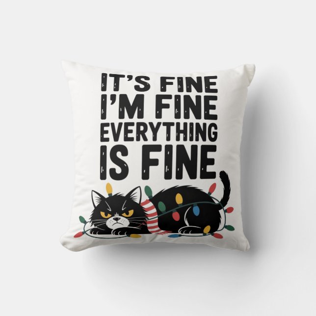 Cute Angry Cat Holiday Scarf Lights Snarky Saying  Throw Pillow (Front)